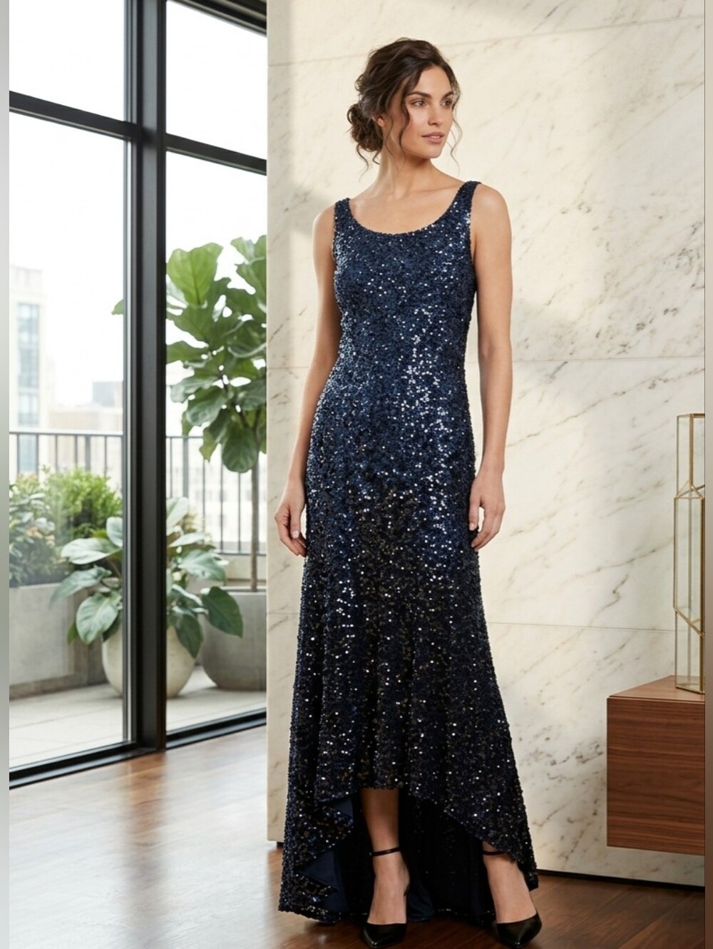 Adrianna Papell Midnight Blue Sequin Column Dress